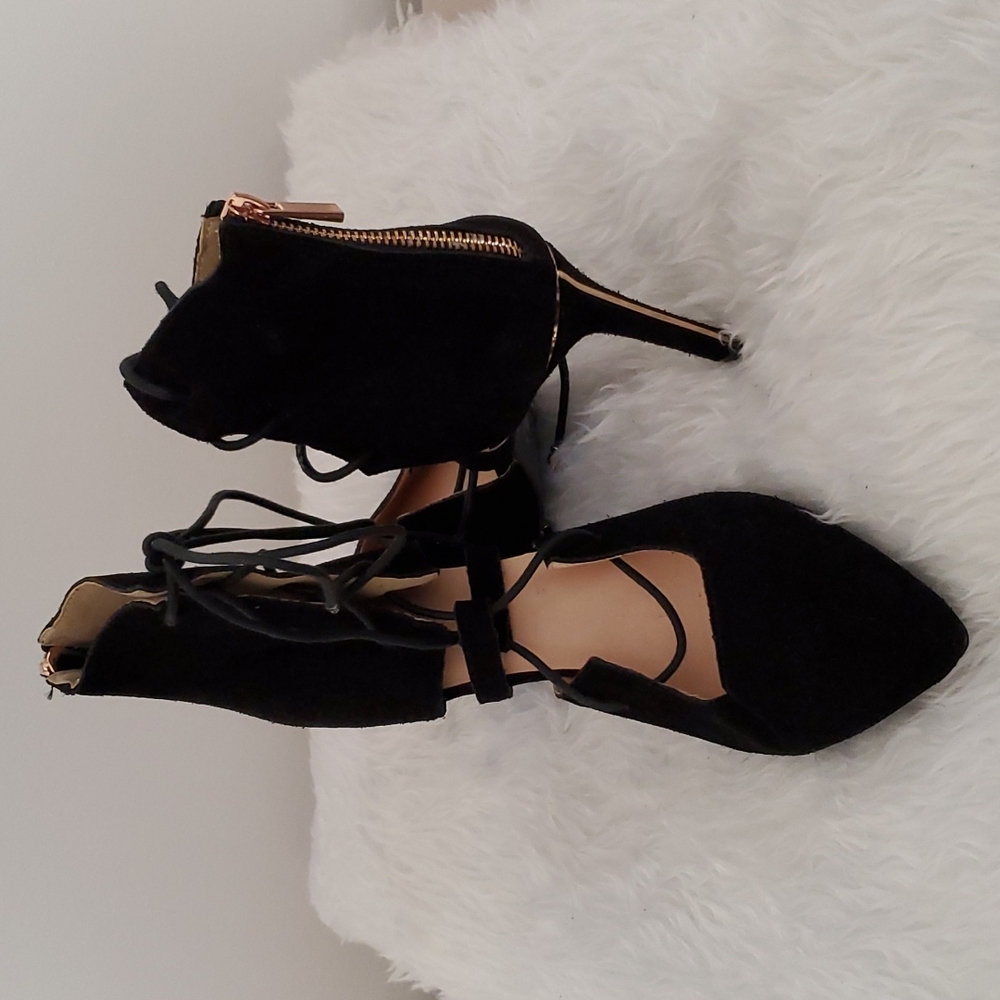 Mark. Strappy Lace Up Genuine Suede Black Heels